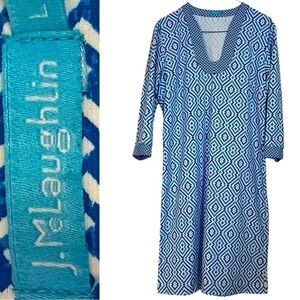 J. McLaughlin Dress Catalina Nylon Cloth Aztec Blue & White Beachy Coastal Sz L